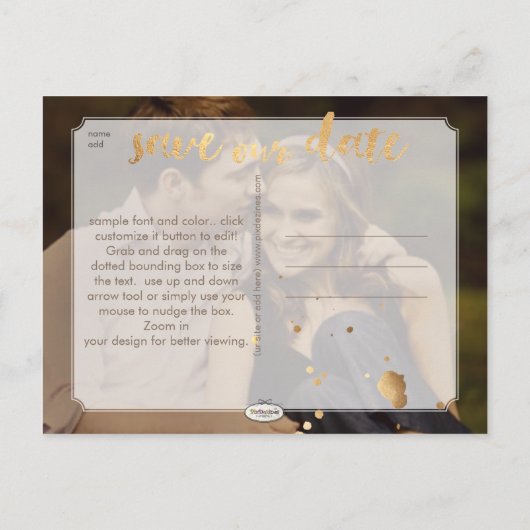 PixDezinesブラック/金ゴールドインク救(ばちゃばちゃ)跳ねる/私たちの日付 案内ポストカード (裏面)