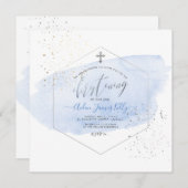 PixDezinesブルーウォータカラー+ハニカム《キリスト教》洗礼式や命名式 招待状 (正面/裏面)