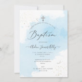 PixDezinesブルーウォーターカラーシルバーダストバプテスマ 招待状 (正面)