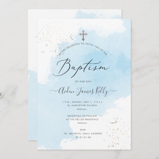 PixDezinesブルーウォーターカラーシルバーダストバプテスマ 招待状 (正面/裏面)