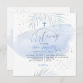 PixDezinesブルーウォーターカラーパームズ《キリスト教》洗礼式や命名式 招待状 (正面/裏面)