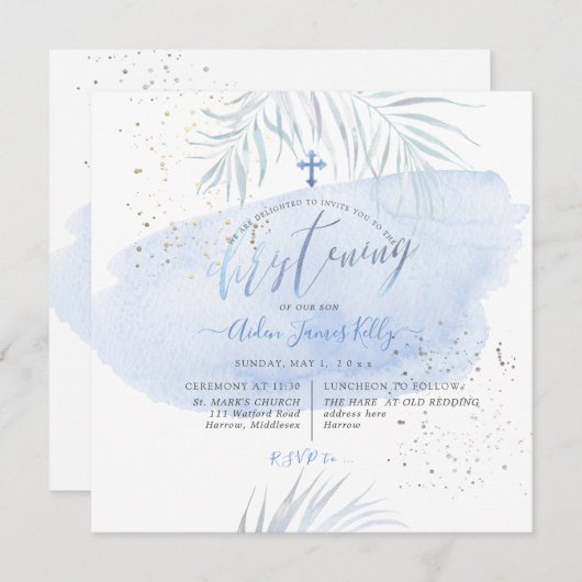 PixDezinesブルーウォーターカラーパームズ《キリスト教》洗礼式や命名式 招待状 (正面/裏面)