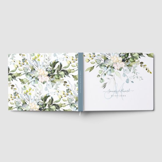 PixDezinesブルーエレガントガムユーカリプトゥスモノグラム ゲストブック (全面)