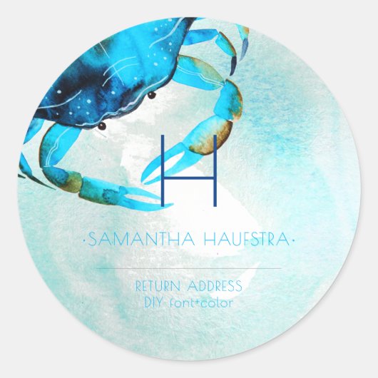 PixDezinesブルーカニモノグラムビーチ ラウンドシール (正面)