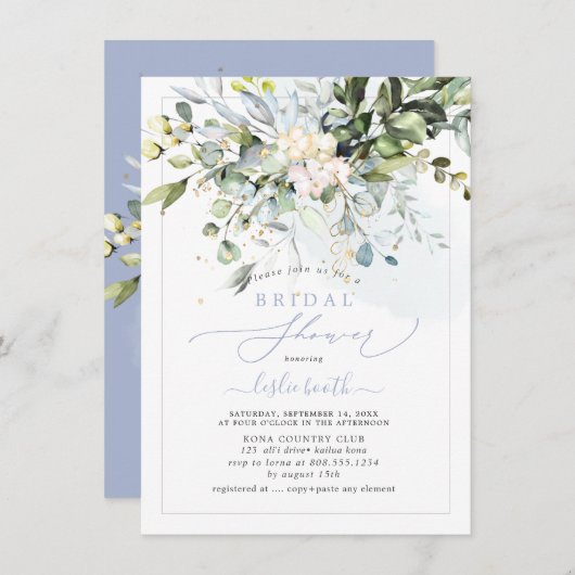 PixDezinesブルーガムユーカリブライダルシャワー 招待状 (正面/裏面)