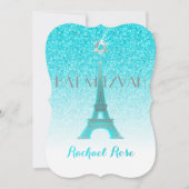 PixDezinesブルーフェイクグリッターエッフェルタワー/(ユダヤ教の)バル・ミツバー 招待状 (正面)