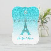 PixDezinesブルーフェイクグリッターエッフェルタワー/(ユダヤ教の)バル・ミツバー 招待状 (スタンド正面)