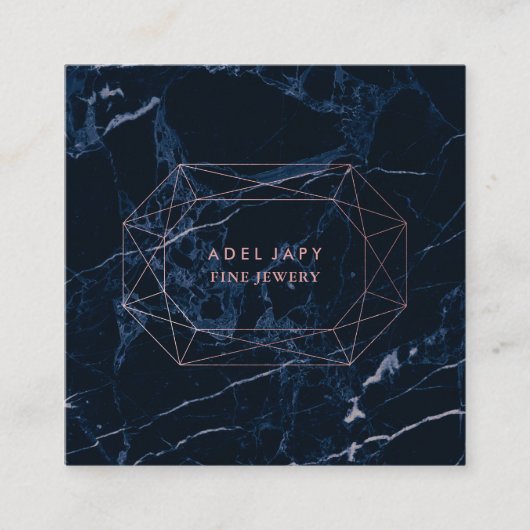 PixDezinesブルー大理石+バラ金ゴールドエメラルドカット スクエア名刺 (正面)