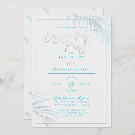 PixDezinesブルー+シルバーパーム、婚約パーティ 招待状 (正面/裏面)