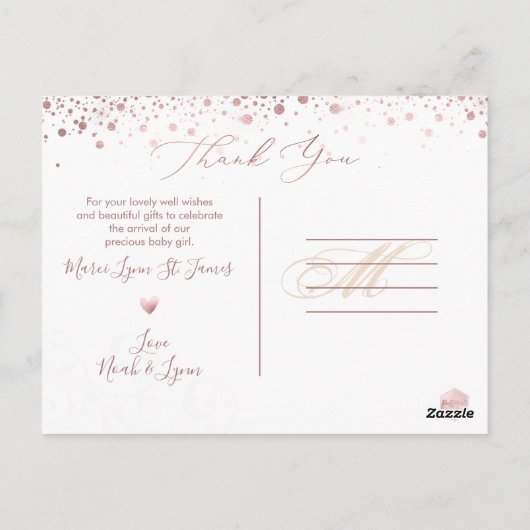 PixDezinesベビーシャワーありがとう/バラ金ゴールド会議 ポストカード (裏面)