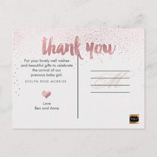 PixDezinesベビーシャワーありがとう/フェイクバラ金ゴールド 案内ポストカード (裏面)