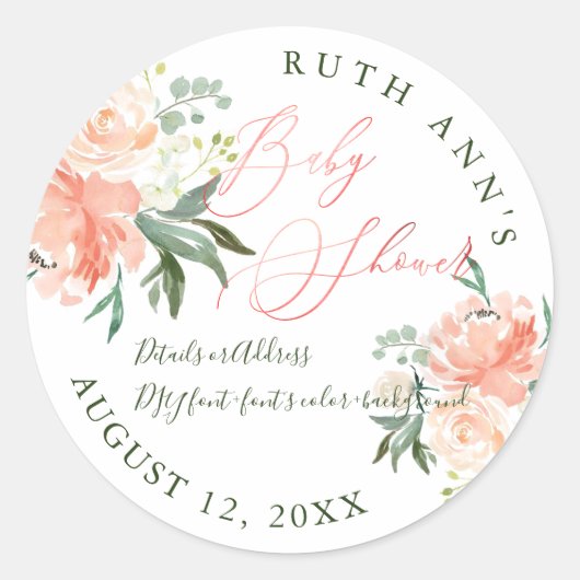 PixDezinesベビーシャワー、フローラ水彩、桃 ラウンドシール (正面)