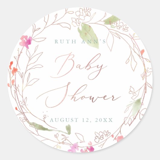 PixDezinesベビーシャワー、フローラ水彩、赤面 ラウンドシール (正面)