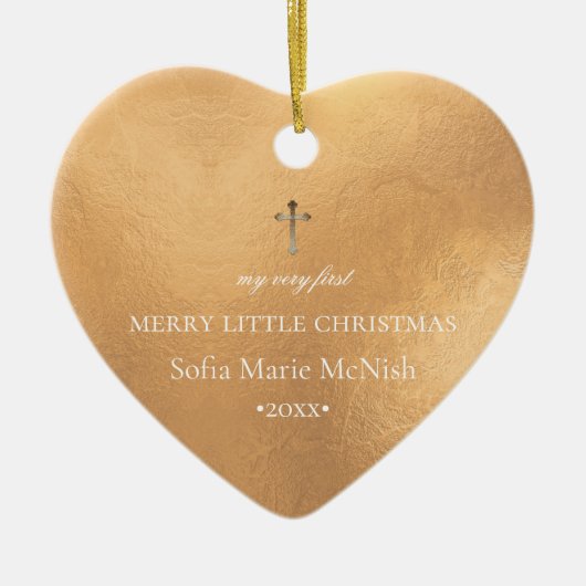 PixDezinesベビー第1回クリスマスフォト、ゴールデン セラミックオーナメント (正面)