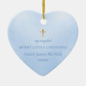 PixDezinesベビー第1回クリスマスフォト、ベビーブルー セラミックオーナメント (正面)