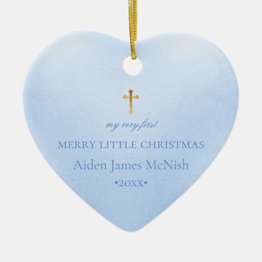 PixDezinesベビー第1回クリスマスフォト、ベビーブルー セラミックオーナメント (正面)