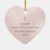 PixDezinesベビー第1回クリスマスフォト、赤面ピンク セラミックオーナメント (正面)