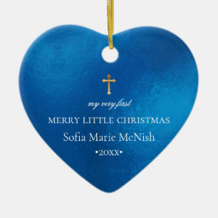 PixDezinesベビー第1回クリスマスフォト、Azure Blue セラミックオーナメント