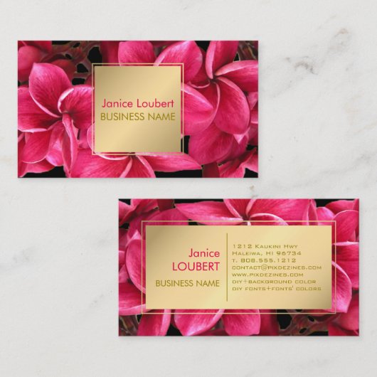 PixDezinesホットピンクコナプルメリア/フェイク金ゴールド 名刺 (正面/裏面)