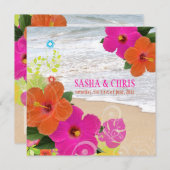 PixDezinesホットピンク+オレンジハイビスカス+モンステラ 招待状 (正面/裏面)