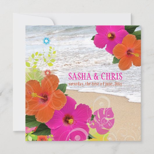 PixDezinesホットピンク+オレンジハイビスカス+モンステラ 招待状 (正面)