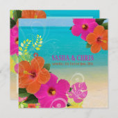 PixDezinesホットピンク+オレンジハイビスカス+モンステラ 招待状 (正面/裏面)