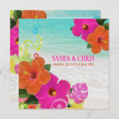 PixDezinesホットピンク+オレンジハイビスカス+モンステラ 招待状 (正面/裏面)