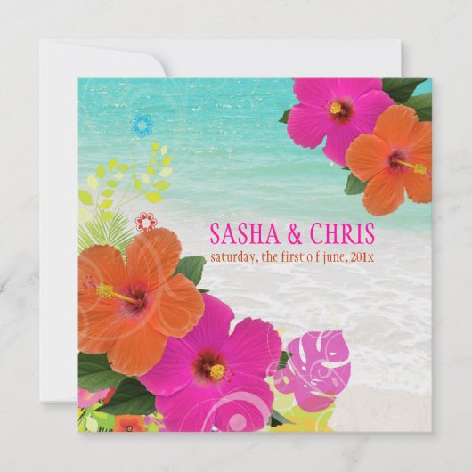 PixDezinesホットピンク+オレンジハイビスカス+モンステラ 招待状 (正面)