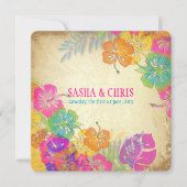 PixDezinesホットピンク+オレンジハイビスカス+モンステラ 招待状 (正面)