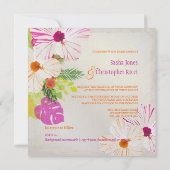 PixDezinesホットピンク+オレンジハイビスカス+モンステラ 招待状 (裏面)