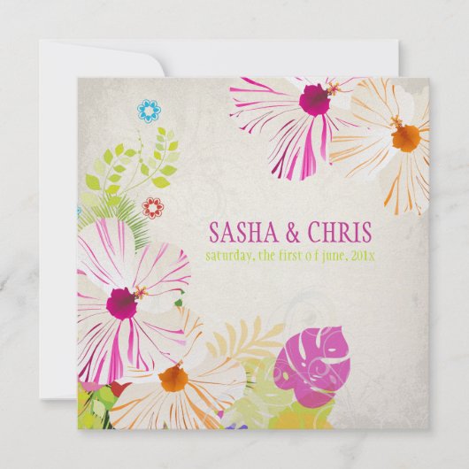 PixDezinesホットピンク+オレンジハイビスカス+モンステラ 招待状 (正面)