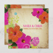 PixDezinesホットピンク+オレンジハイビスカス+モンステラ 招待状 (正面/裏面)