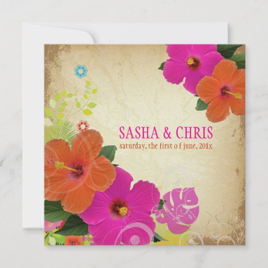 PixDezinesホットピンク+オレンジハイビスカス+モンステラ 招待状 (正面)