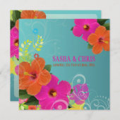 PixDezinesホットピンク+オレンジハイビスカス+モンステラ 招待状 (正面/裏面)