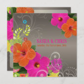 PixDezinesホットピンク+オレンジハイビスカス+モンステラ 招待状 (正面/裏面)