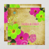 PixDezinesホットピンク+ネオングリーンハイビスカス+モンステラ 招待状 (正面/裏面)