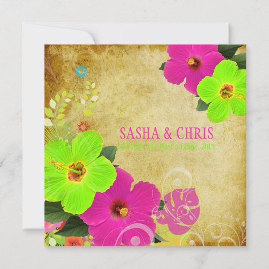 PixDezinesホットピンク+ネオングリーンハイビスカス+モンステラ 招待状 (正面)