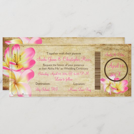 PixDezinesボーディングパスピンクプルメリア 招待状 (正面/裏面)