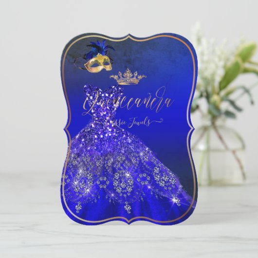 PixDezinesマスカレードキンセアニェラ、王室の青 招待状 (スタンド正面)