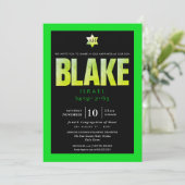 PixDezinesミニマリストネオングリーン+ブラック（ユダヤ教の）バル・ミツバー 招待状 (スタンド正面)