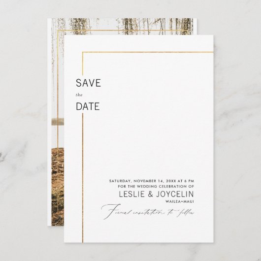 PixDezinesミニマルタイポグラフィフェイク金ゴールドフレーム 招待状 (正面/裏面)