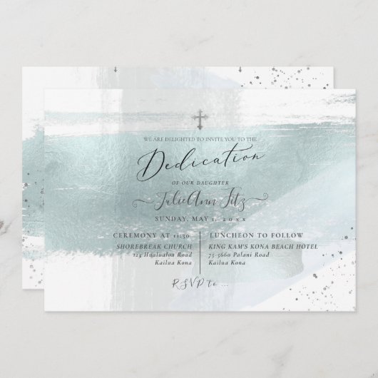 PixDezinesメタリックフェイクダスティブルー献身 招待状 (正面/裏面)