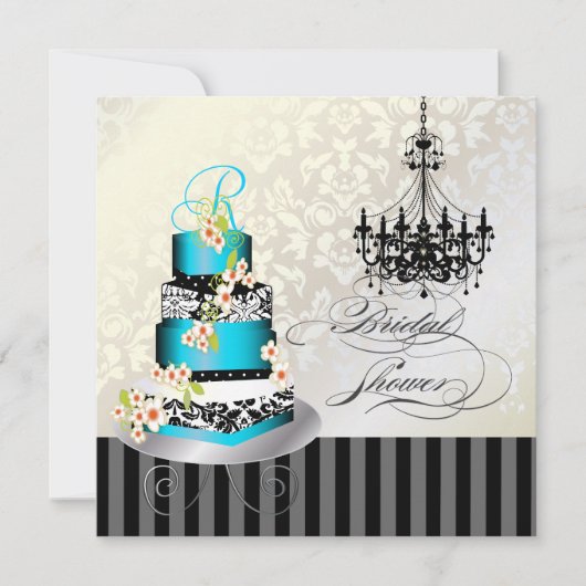 PixDezinesモノグラムブライダルシャワー、ブルーケーキ 招待状 (正面)