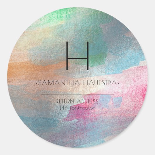 PixDezinesモノグラム虹色ブラシ仕上げ水彩 ラウンドシール (正面)