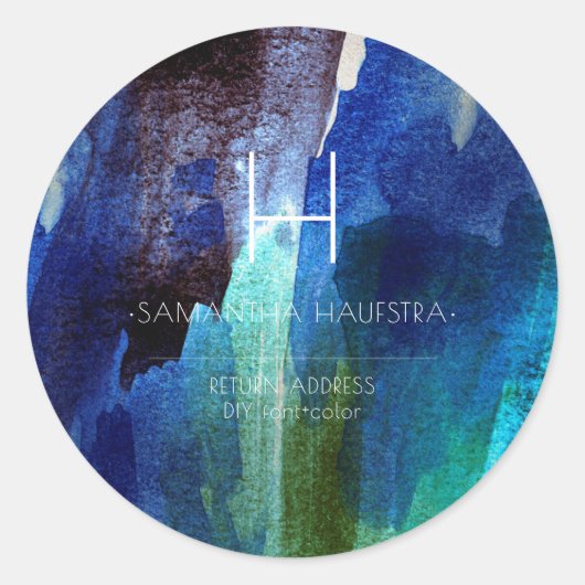 PixDezinesモノグラム虹色ブラシ仕上げ水彩 ラウンドシール (正面)