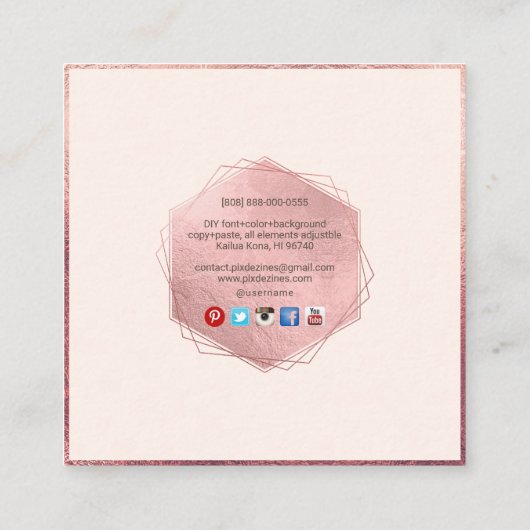 PixDezinesモノグラム/フェイクバラ金ゴールド、赤面ピンク スクエア名刺 (裏面)