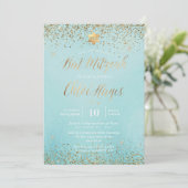 PixDezinesライトブルー金ゴールドグリッターバルミツワー 招待状 (スタンド正面)