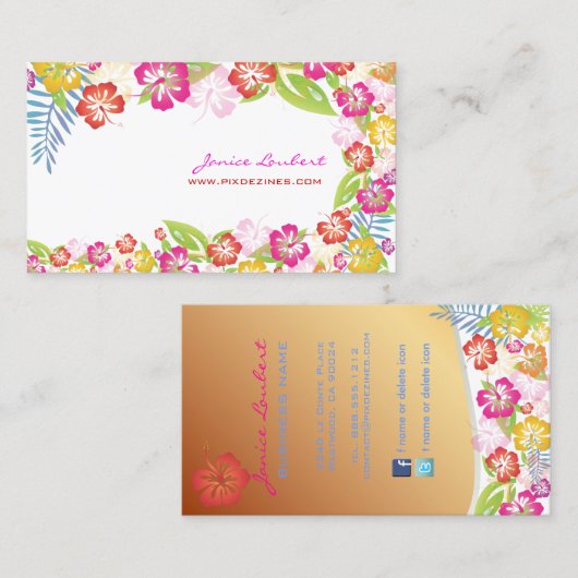 PixDezinesレトロはっきりしたトロピカルフラワー/金ゴールドストック 名刺 (正面/裏面)