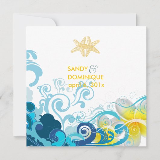 PixDezinesレトロ波、プルメリア+ヒトデ+ビーチ 招待状 (正面)