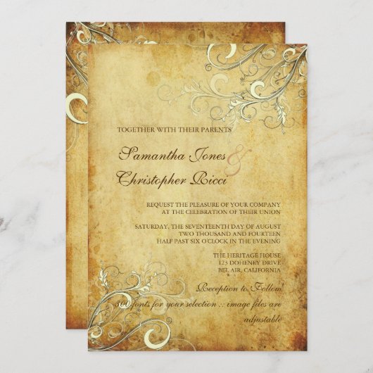 PixDezinesヴィンテージクリーム旋回/パラシフェイクュメント 招待状 (正面/裏面)